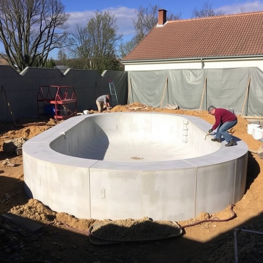 Piscine béton sur mesure en cours de pose (illustration)