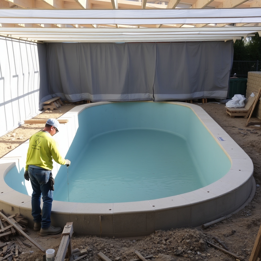 Piscine coque en cours de pose (illustration)